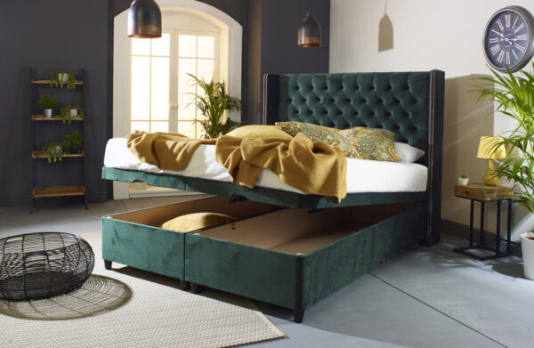 image of a stylish emerald green ottoman bed sold online at AAA Beds