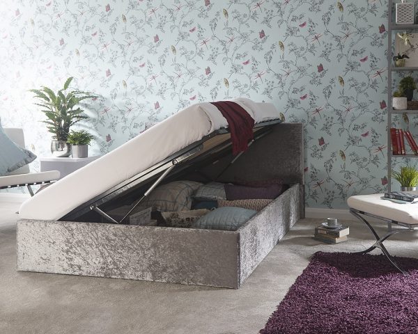 Silver Crushed Velvet Fabric Ottoman Bed Frame - Image 2