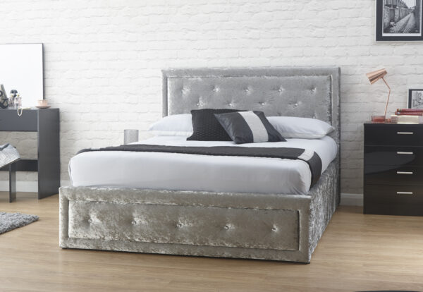 Hollywood Diamante Fabric Ottoman Bed Frame Silver